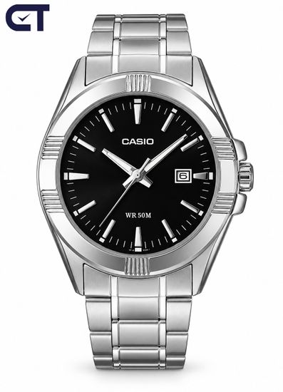 CASIO MTP-1308D-1A CASIO Collection мужские наручные часы — чёрный циферблат, дата и классический стальной дизайн