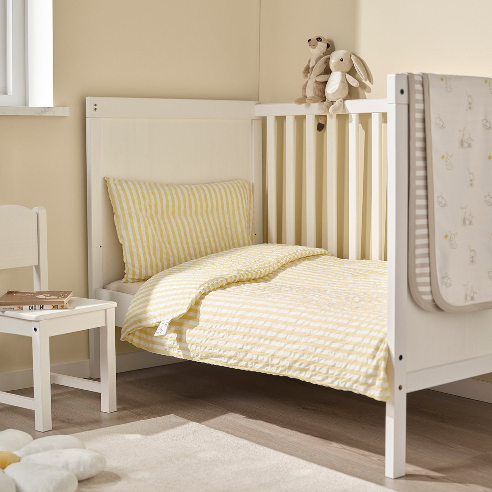 IKEA LEN  (ИКЕА ЛЕН)  -  Пододеяльник и наволочка для кроватки - белый/жёлтый, полоска «кора» 110x125/35x55 см