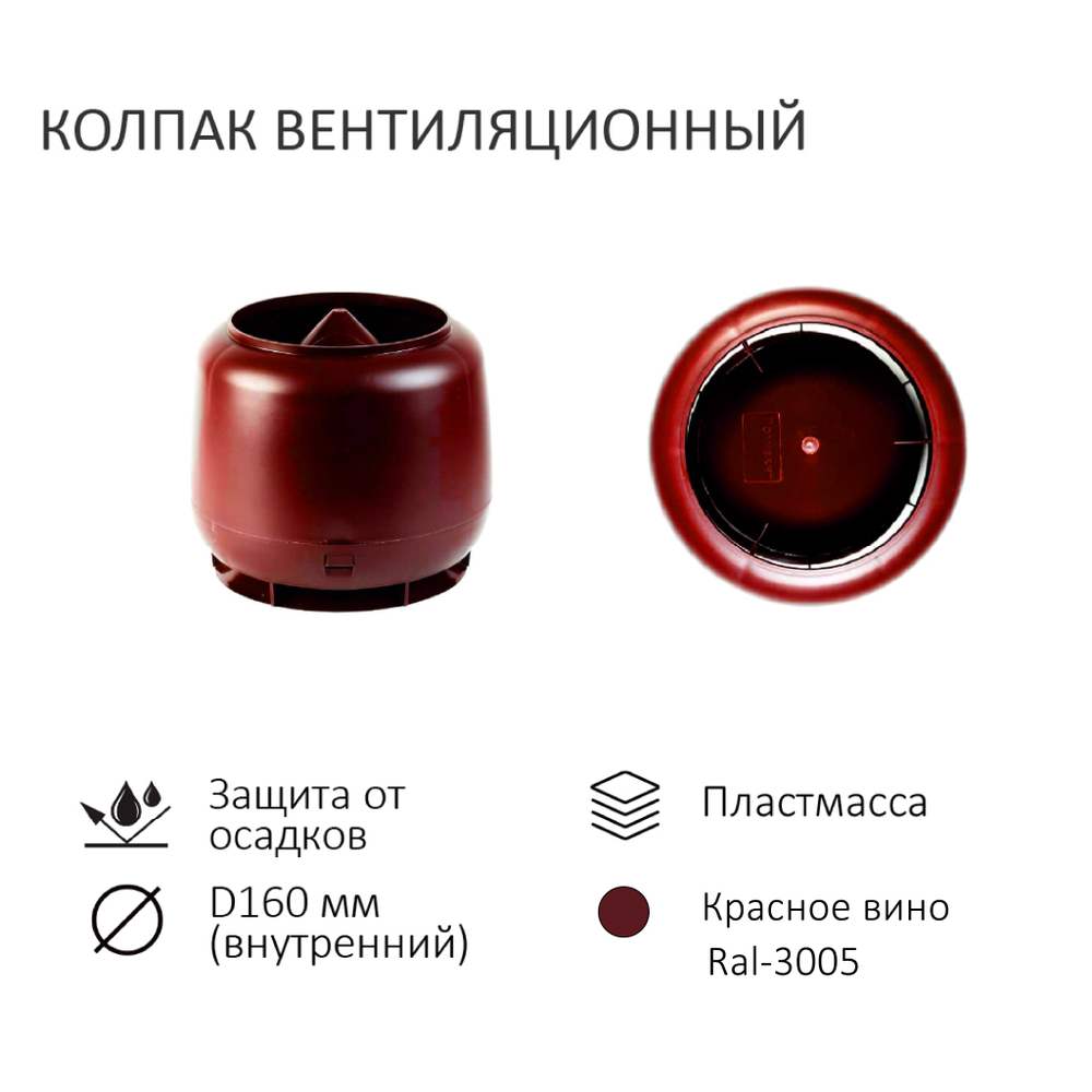 Комплект вентиляции: Вентиляционный выход изолированный D125/160 утепленный высота H=500 мм, проходной элемент для металлочерепицы Monterrey, колпак вентиляционный D160 мм, переход на канализационную трубу D110 с вентиляционного выхода 125/160 без уплотнения, красное вино