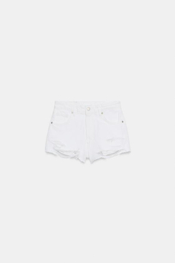 ZARA ДЖИНСОВЫЕ ШОРТЫ TRF С ВЫСОКОЙ ПОСАДКОЙ И РАЗРЫВАМИ, БЕЛЫЙ