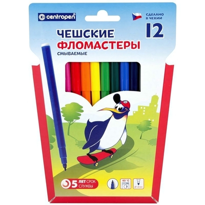 Фломастеры 12цв., смываемые "Пингвины" (Centropen)