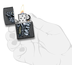 Зажигалка Zippo Wolf Skull с покрытием Iron Stone, латунь/сталь, серая, матовая, 38x13x57 мм