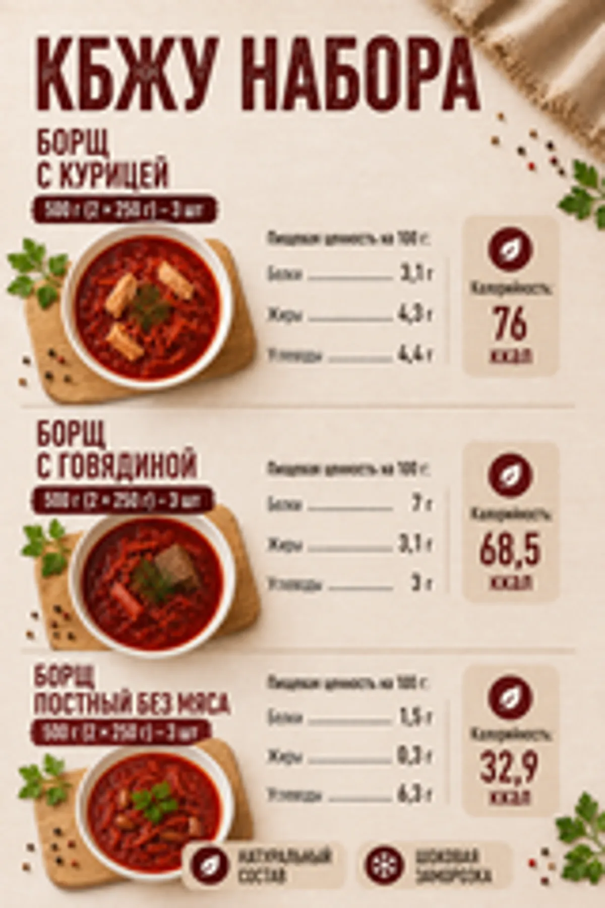 Набор домашнего борща: говяжий, куриный и с фасолью / 9 шт