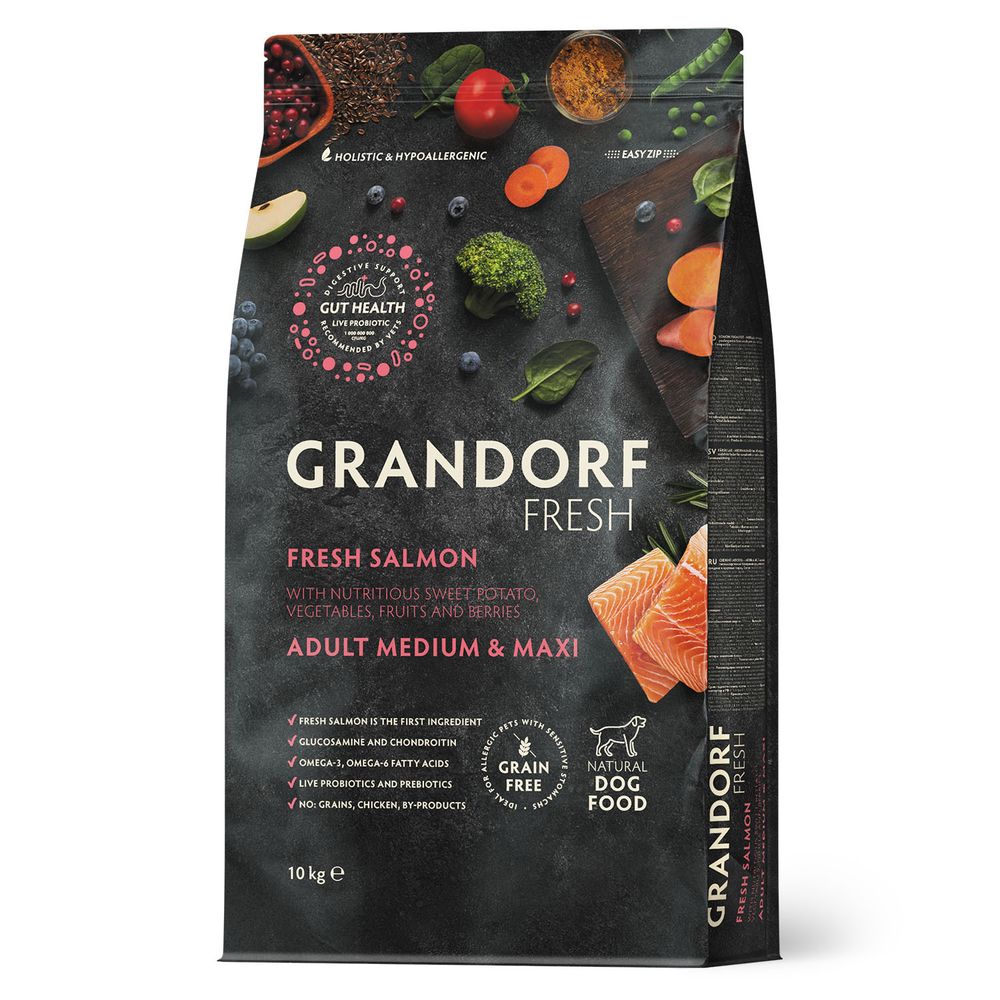 Беззерновой корм с живыми пробиотиками GRANDORF Fresh Dog Adult MED&MAXI Salmon&Sweet Potato cвежее филе лосося с бататом 10 кг Беззерновой корм с живыми пробиотиками GRANDORF Fresh Dog Adult MED&MAXI Salmon&Sweet Potato cвежее филе лосося с бататом 10 кг