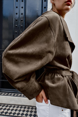 ZARA КУРТКА ИЗ ИСКУССТВЕННОЙ ЗАМШИ С ПОЯСОМ, ТЕМНЫЙ СЕРО-КОРИЧНЕВЫЙ