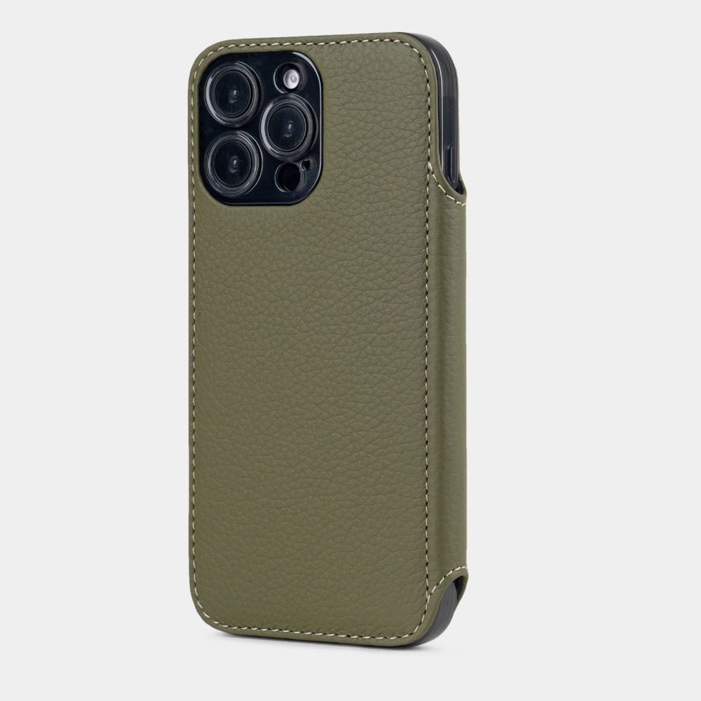 Чехол-книжка кожаная для iPhone 16 Pro, теленок зеленого цвета