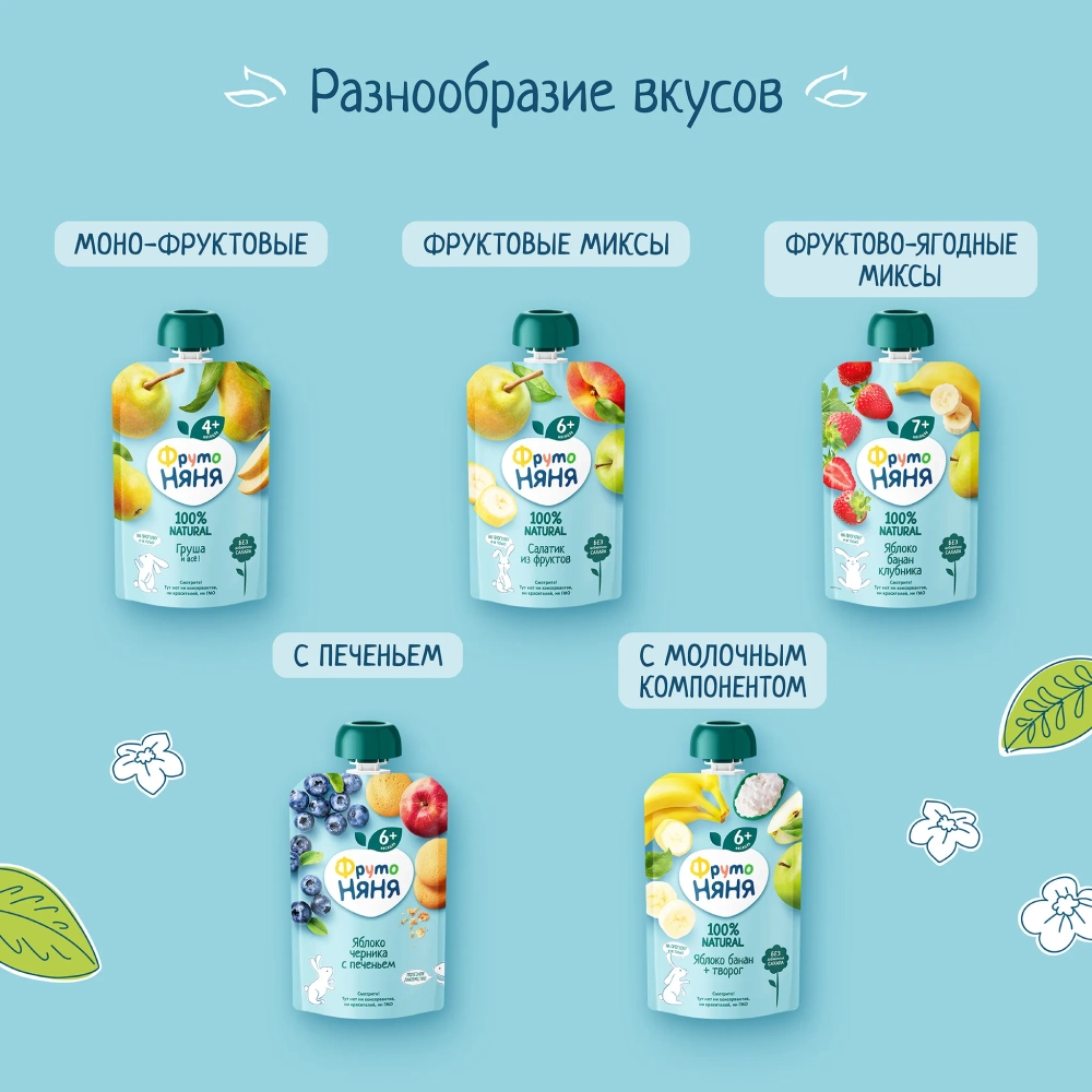 Фрутоняня пауч пюре из яблок, манго + йогурт 90г с 6 месяцев