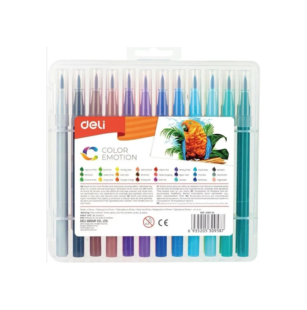 Фломастеры 24цв. Deli Color Emotion кисть, смываемые, пластиковый пенал EC10324