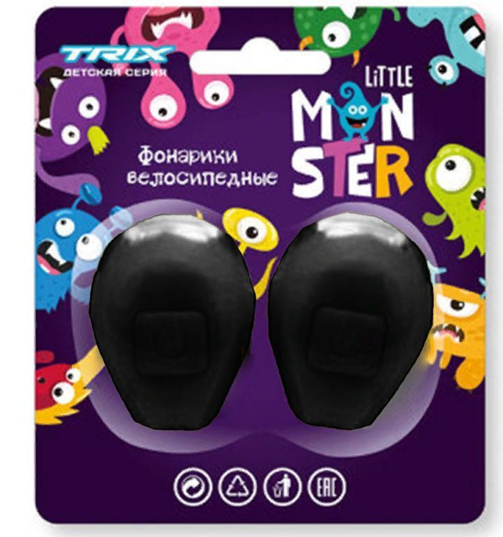 Фонари TRIX Little Monster детские, комплект передний задний, 2 диода, 3 режима, силикон, черные