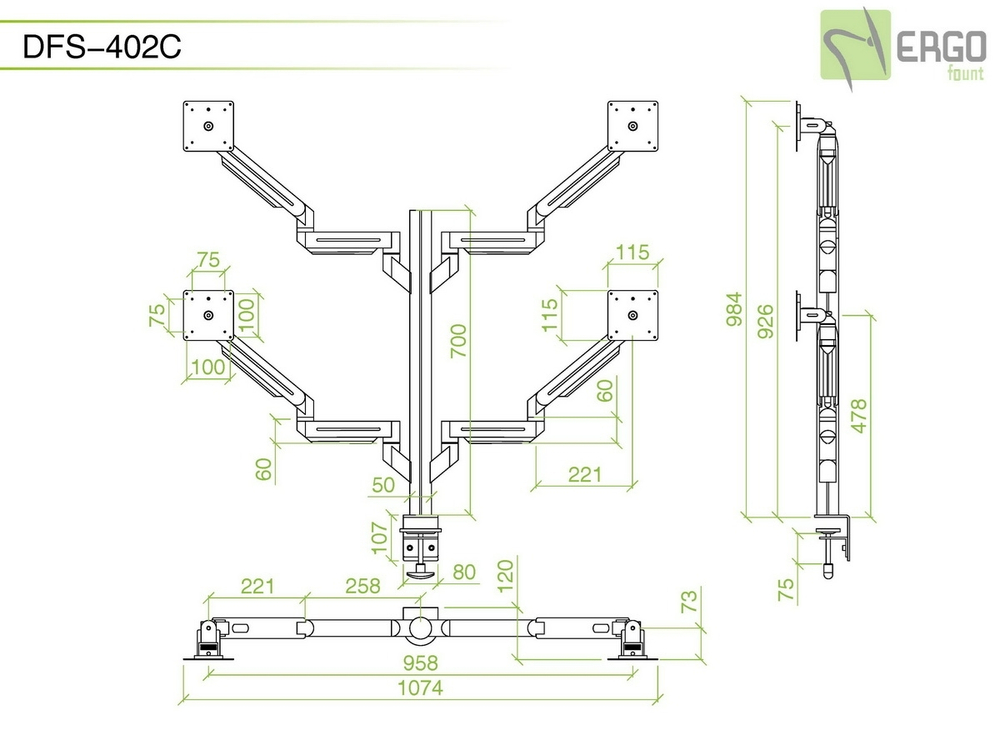 ErgoFount DFS-402C Настольное крепление для 4 мониторов диагональю до 24'' конфигурации 2х2 на шарнирных двухколенных вылетах с зажимом к столу типа "С". Цвет - серебристый