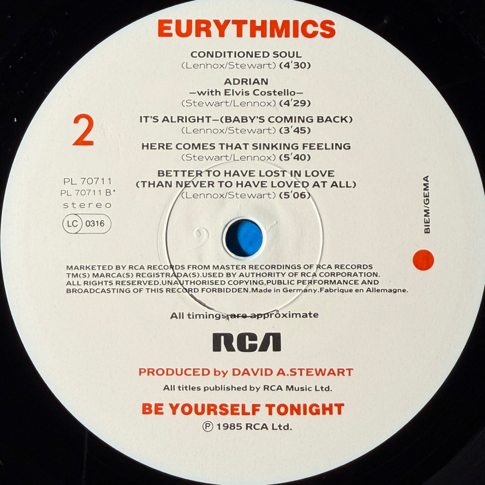 Eurythmics ‎– Be Yourself Tonight (Европа 1985г.)