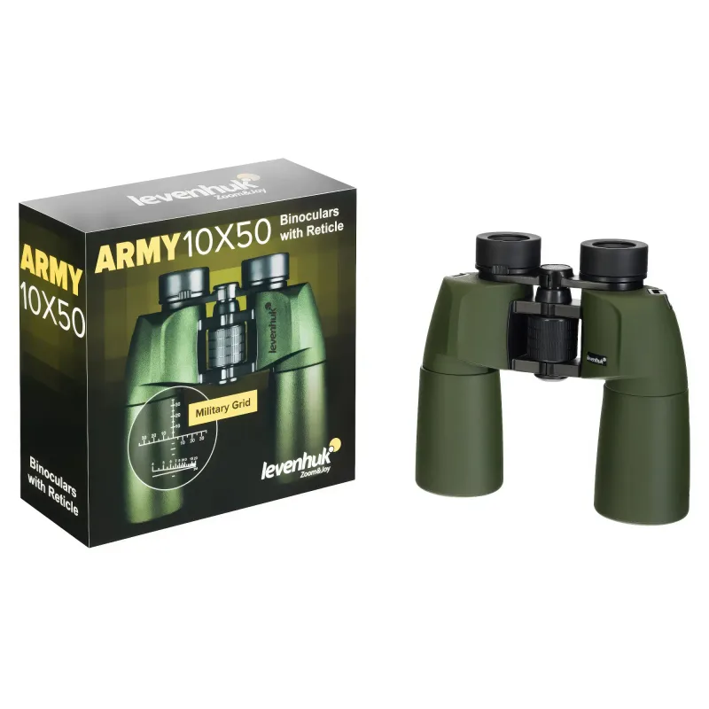 Бинокль Levenhuk Army 10x50 с сеткой рядом с коробкой, показаны детали упаковки