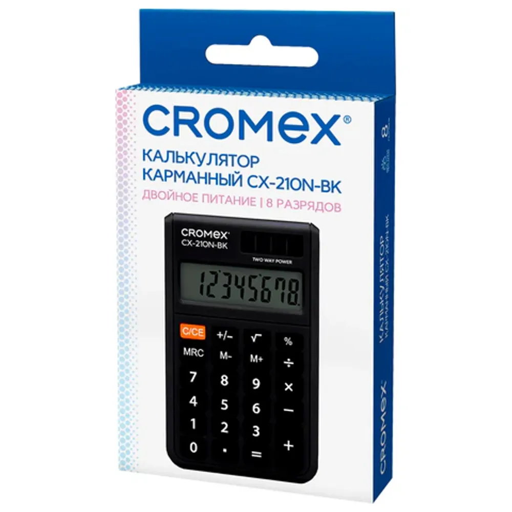 Калькулятор карманный Cromex, 8 разрядов, CX-210N-BK, двойное питание, 96х62мм