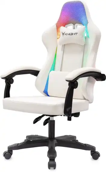 Кресло игровое Knight Wolf RGB белый экокожа/ткань с подголов. крестов. пластик