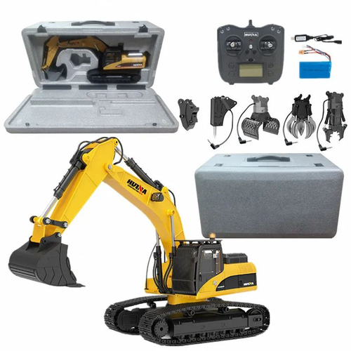 Радиоуправляемый экскаватор HUI NA TOYS hn1580 V2 2.4G 23CH 1/14 RTR + Li-Po и З/У полностью металл , 3 насадки , функция дыма , Обновленная модель 1580