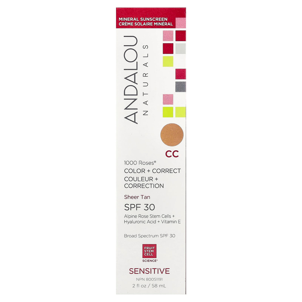 Andalou Naturals, 1000 Roses®, Color + Correct, для чувствительных волос, SPF 30, чистый загар, 58 мл (2 жидк. унции)
