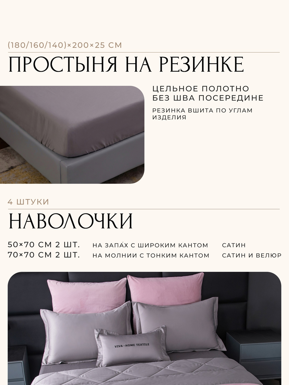 КПБ на резинке Сатин Velvet Premium с Одеялом VPR001, Евро, 4 наволочки, простынь 160*200*25