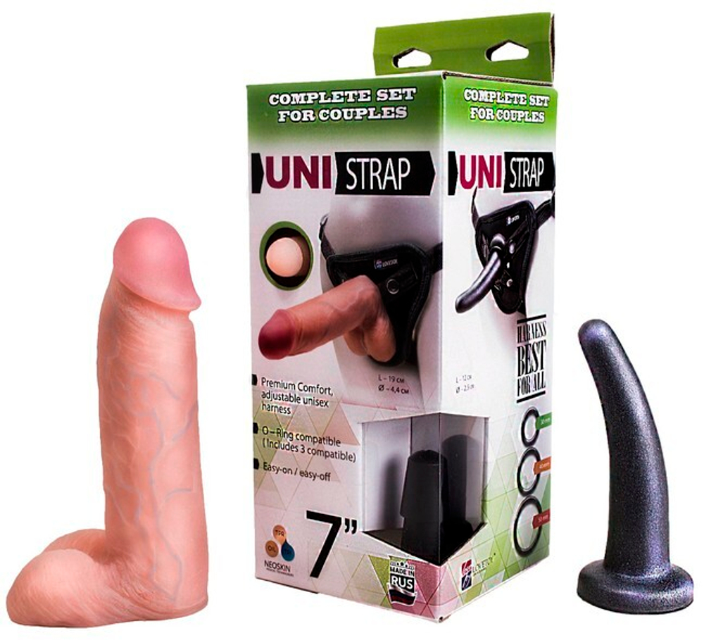 Страпон-трусики с двумя сменными насадками Uni Strap 7'' (Цвет: телесный с черным)