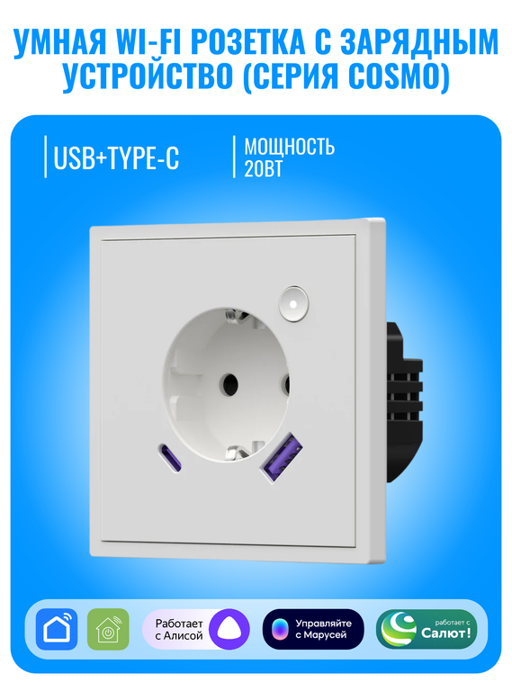 Умная Wi-Fi розетка с зарядным устройством USB и Type-C Smart Aura серия COSMO