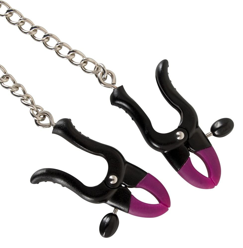 Зажимы на соски Silicone Nipple Clamps с цепочкой (Цвет: черный с серебристым)