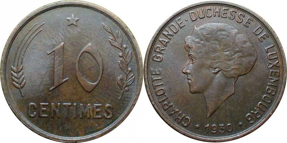 Люксембург 10 сантимов, 1930 Герцогиня Шарлотта XF