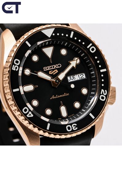 Seiko SRPD76K1 5 Sports SKX мужские наручные часы — автоматические часы в чёрно-розово-золотистой гамме