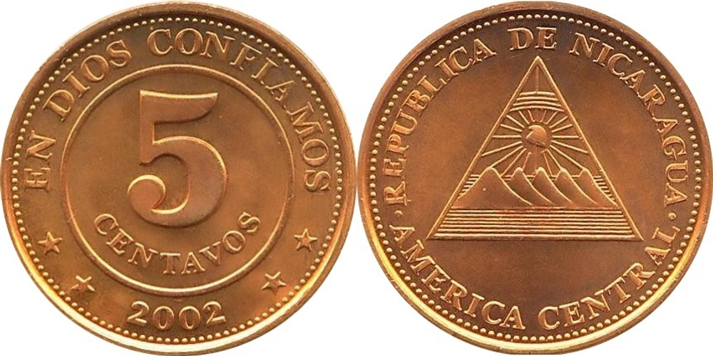 Никарагуа 5 сентаво, 2002 Герб - пирамида UNC