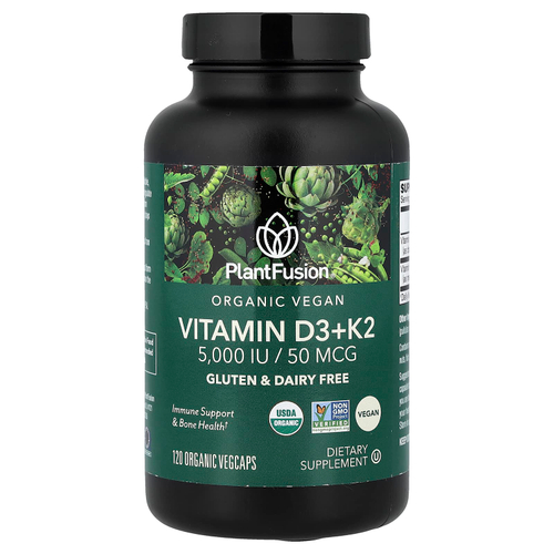 PlantFusion, органические веганские витамины D3 и K2, 120 органических растительных капсул