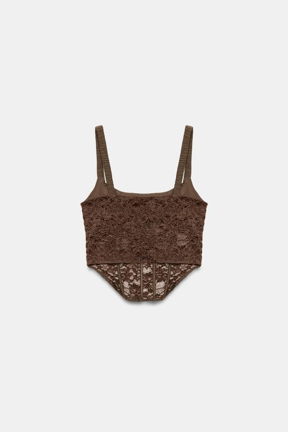 ZARA КОМБИНИРОВАННЫЙ КОРСЕТНЫЙ ТОП С КРУЖЕВОМ, СВЕТЛО-КОРИЧНЕВЫЙ