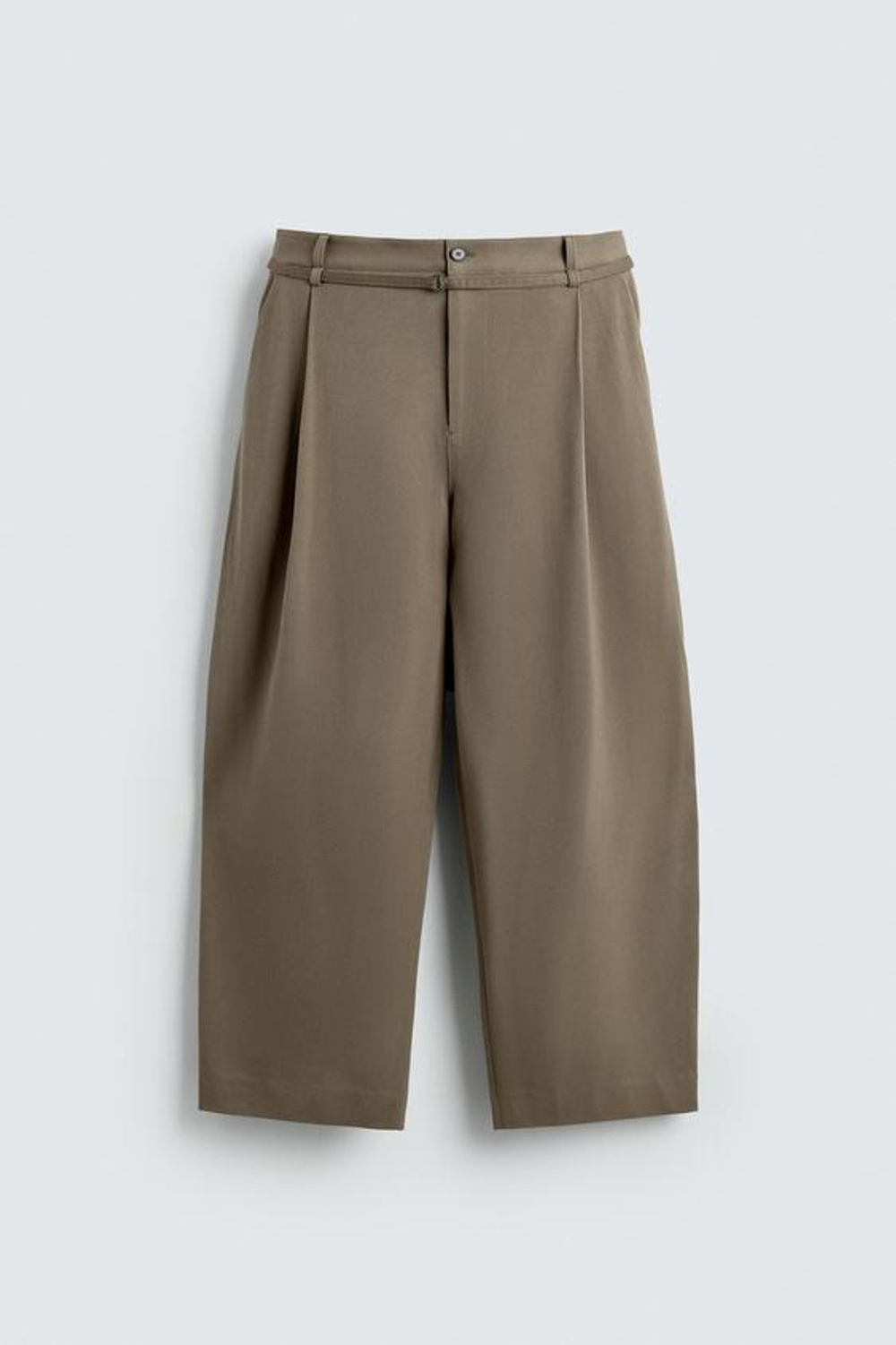 ZARA БРЮКИ BALLOON FIT С ЗАЩИПАМИ И ПОЯСОМ, СЕРО-КОРИЧНЕВЫЙ