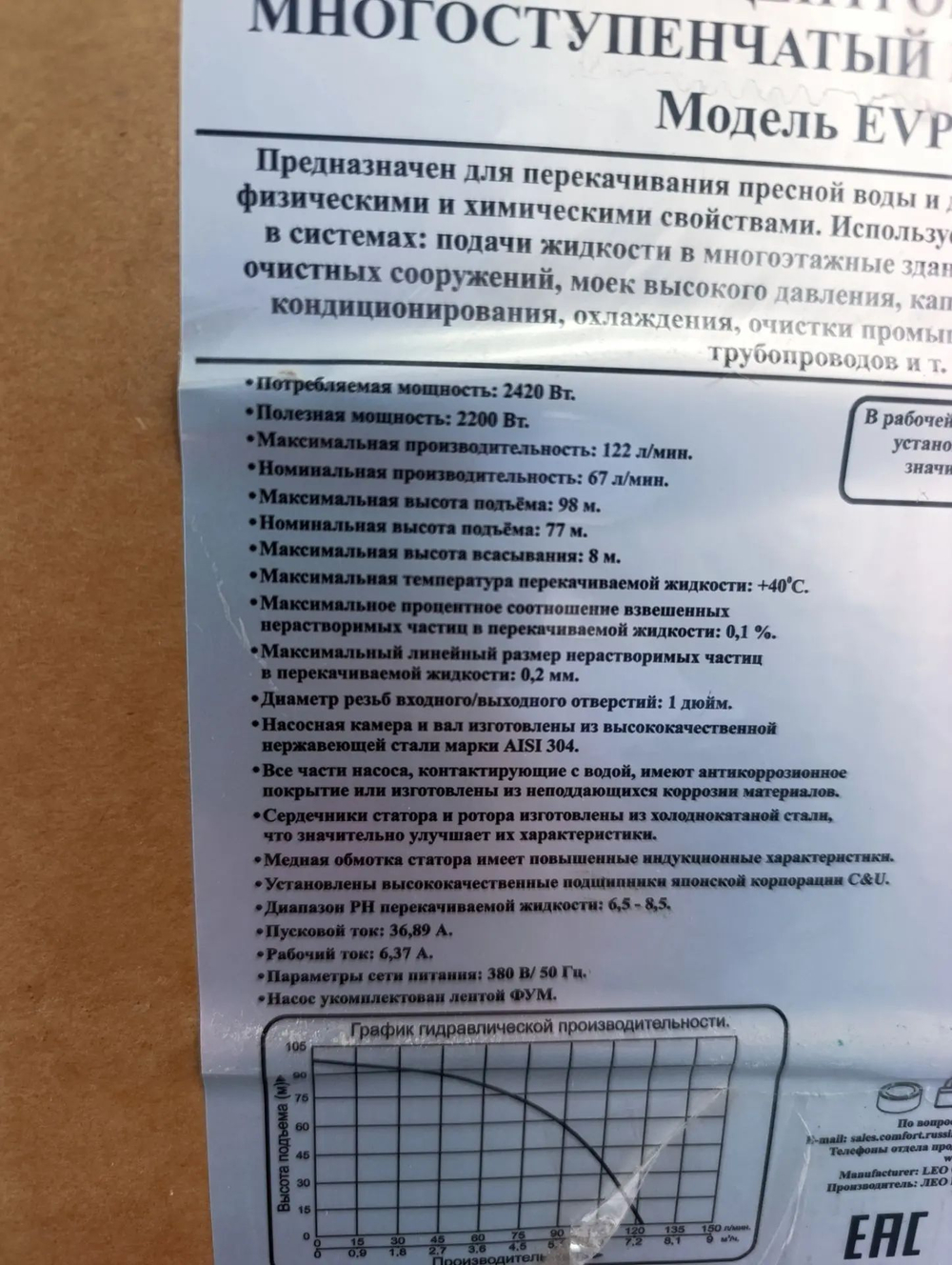 Насос центробежный многоступенчатый вертикальный LEO модель EVP4-8 (380В)