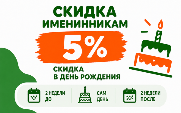 Скидка в день рождения (2 недели до, сам день, 2 недели после)
