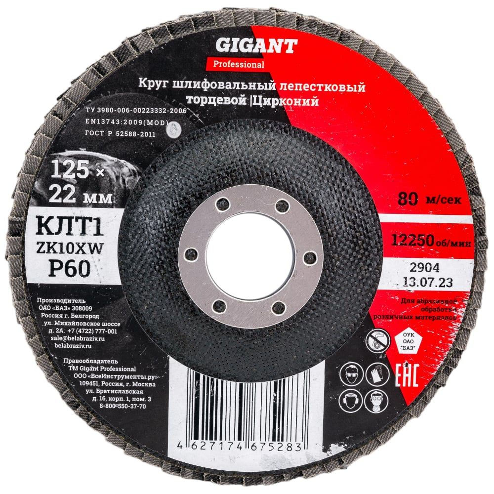 Круг лепестковый Professional 125х22.2 мм, P60, цирконий Gigant GNT-P60