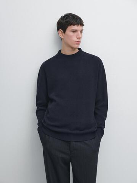 Massimo Dutti Свитер из смесового хлопка с высоким воротником, темно-синий