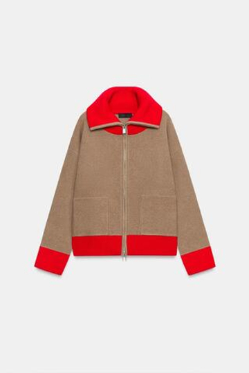 ZARA КОМБИНИРОВАННЫЙ КАРДИГАН, ЭКРЮ/КРАСНЫЙ