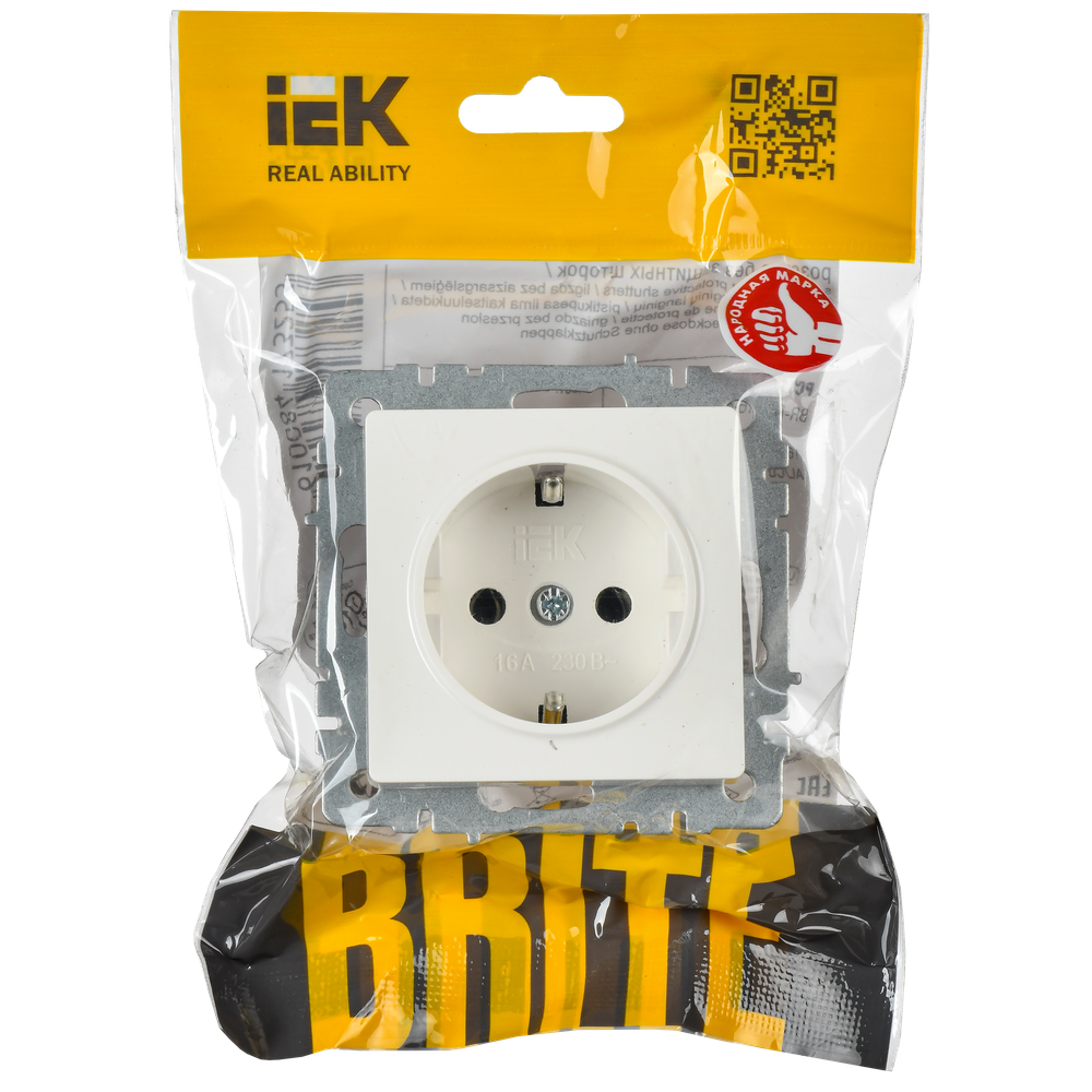 BRITE Розетка 1-местная с заземлением без защитных шторок 16А РС11-1-0-БрБ белый IEK