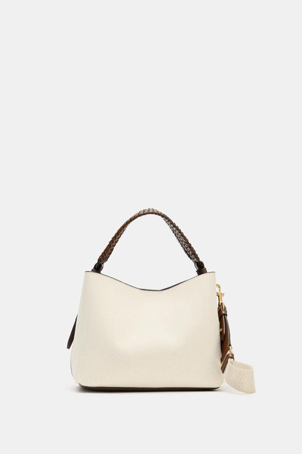 ZARA ХОЛЩОВАЯ СУМКА С ПЛЕТЕНОЙ РУЧКОЙ, СВЕТЛО-БЕЖЕВЫЙ
