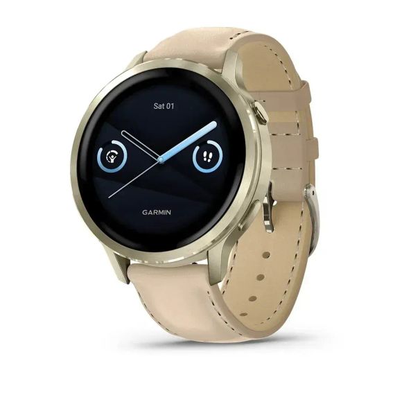 Garmin Venu 4 41 мм лунное золото смарт-часы с силиконовым ремешком цвета слоновой кости и дополнительным песочным кожаным ремешком