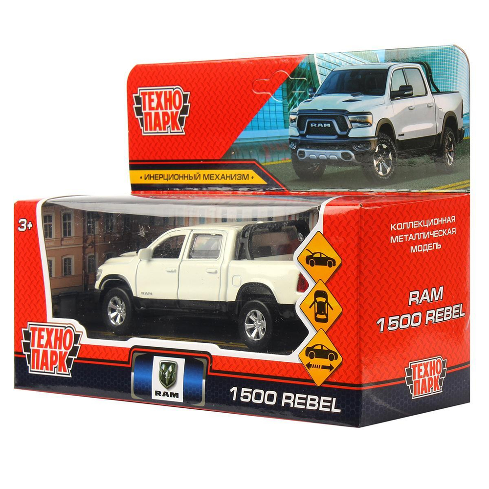 Модель ин. мет. "Dodge Ram 1500 Rebel" 13см, двери, багаж, белый. RAM1500-13-WH (Технопарк)
