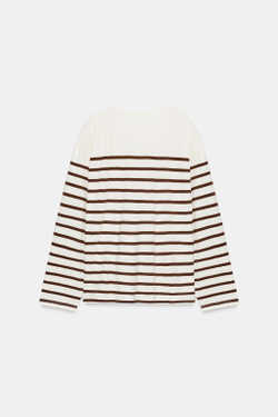 ZARA ХЛОПКОВАЯ ФУТБОЛКА В ПОЛОСКУ ИЗ ЛЬНА, ЭКРЮ/КОРИЧНЕВЫЙ