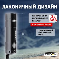 Светодиодный фонарь Трофи TM9 ручной на батарейках алюминиевый | Трофи