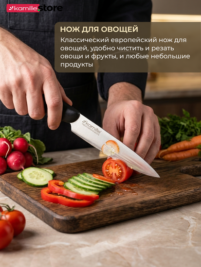 Нож кухонный для овощей Kamille КМ5175 из нержавеющей стали, длина лезвия 9 см.