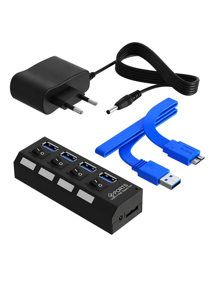 Активный USB-концентратор (Хаб) на 4 порта с дополнительным питанием GSMIN AR-21 на 1x USB 3.0 + 3x USB 2.0 (50 см) (USB 3.0 - AM/MicroBM) (Черный)