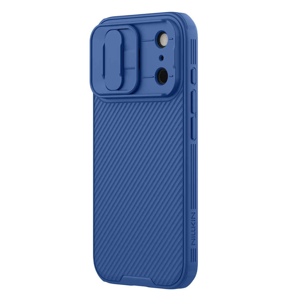 Чехол синего цвета с защитной шторкой для камеры от Nillkin на iPhone 17 Pro, серия CamShield Pro Case
