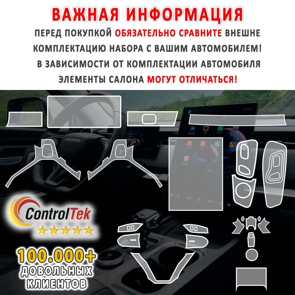 JAECOO J7 (2023) - комплект защитных матовых пленок 5 в 1. Пленка защитная ControlTek HYBRID со слоем TOP COAT. Толщина: 6 mil. (175 мкм.)