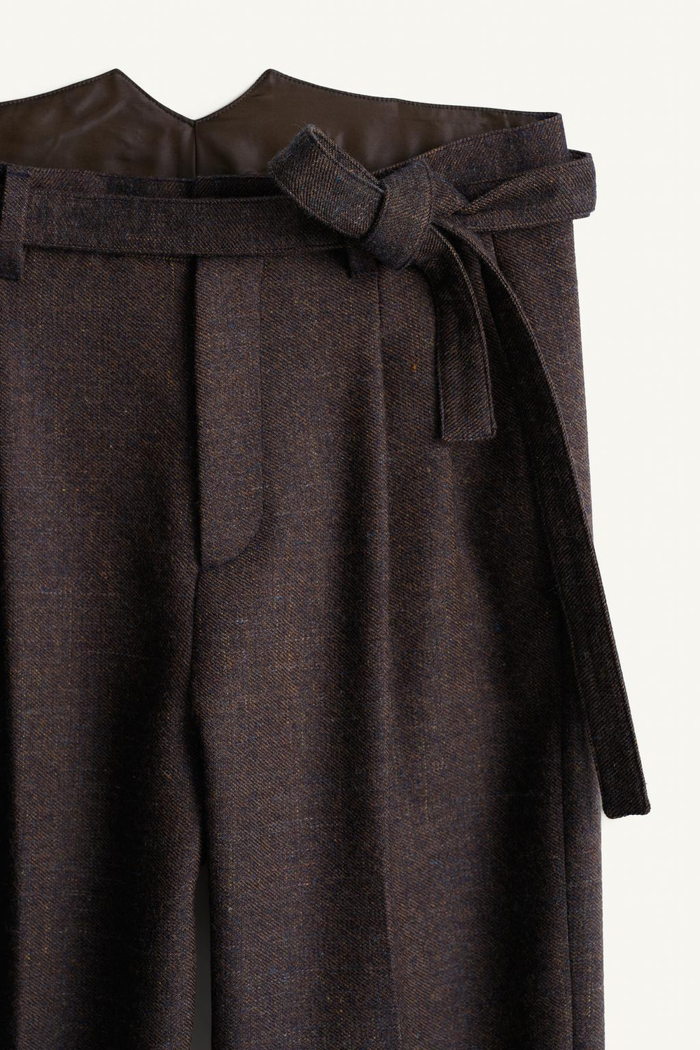 ZARA КОСТЮМНЫЕ БРЮКИ ИЗ ФАКТУРНОЙ СМЕСИ ШЕРСТИ С ПОЯСОМ, КОРИЧНЕВЫЙ