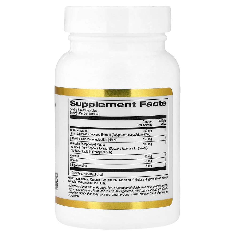 California Gold Nutrition, комплекс с NMN, транс-ресвератролом, фитосомным комплексом кверцетина, апигенином и лютеолином, 60 вегетарианских капсул