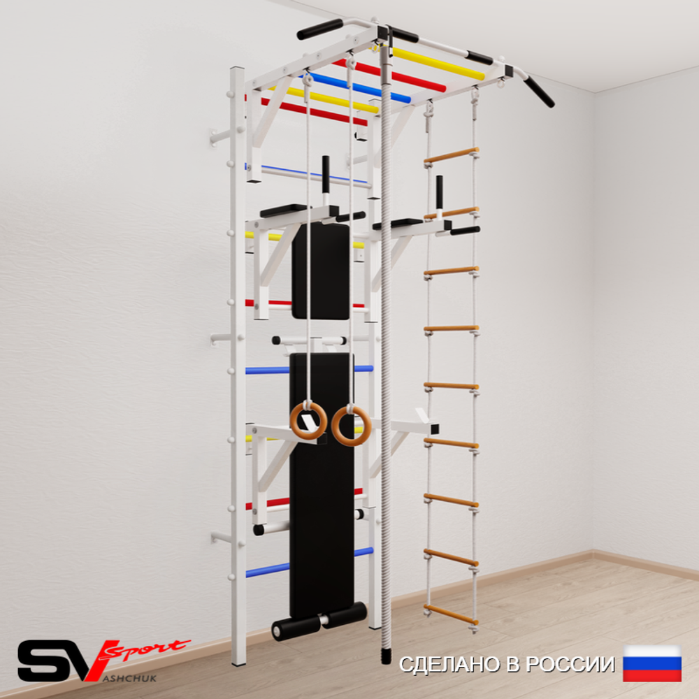 Шведская стенка Sv Sport усиленная 627 (Турник рукоход/Брусья/Стойка/Скамья/Канат/Кольца/Лестница)