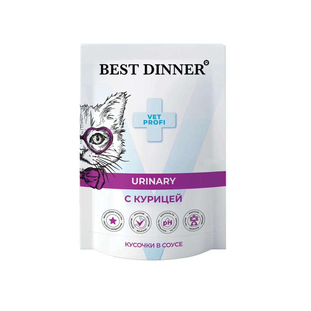 BEST DINNER VET PROFI Urinary Консервы для кошек при МКБ, кусочки в соусе Курица, 85 г