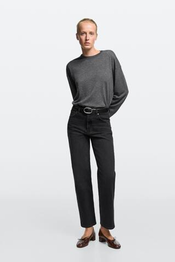 Massimo Dutti Джинсы прямого кроя с высокой талией и укороченными штанинами, черный